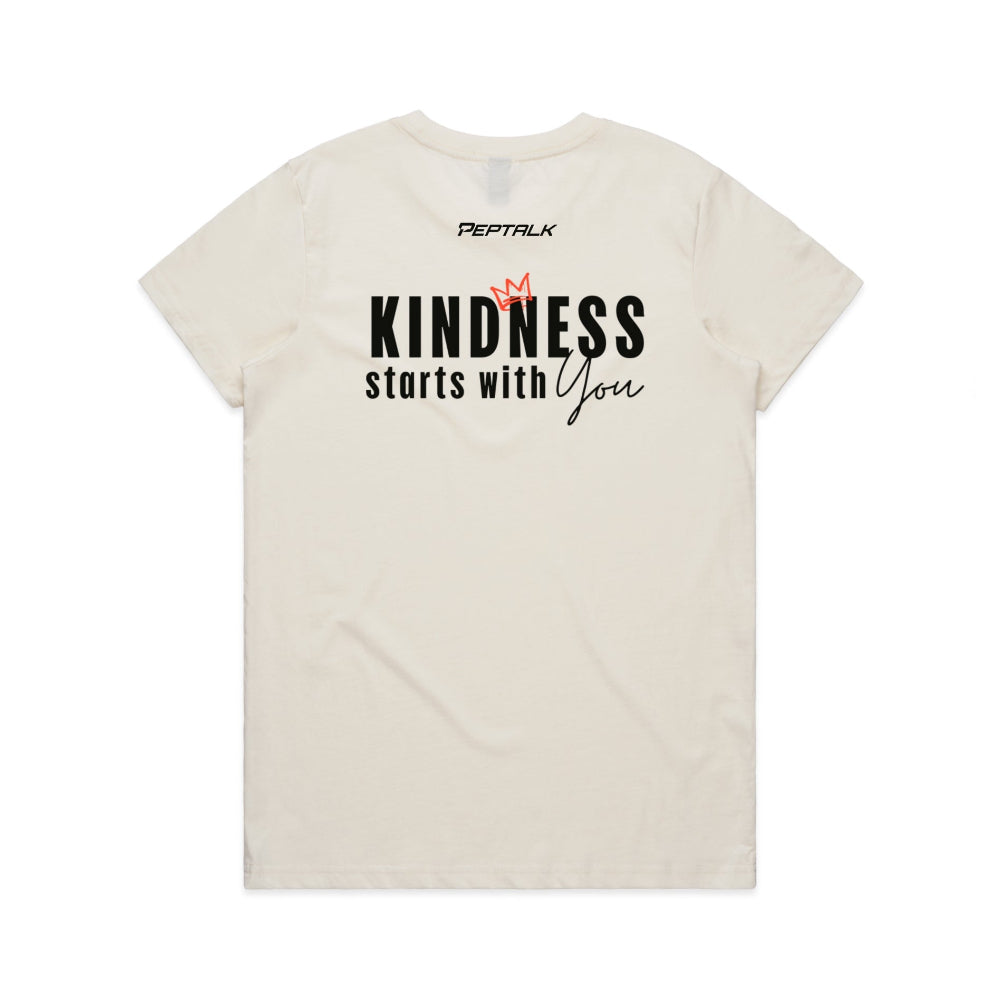 Beige women's shirt with Peptalk logo and "Kindness Starts with You" design at the back