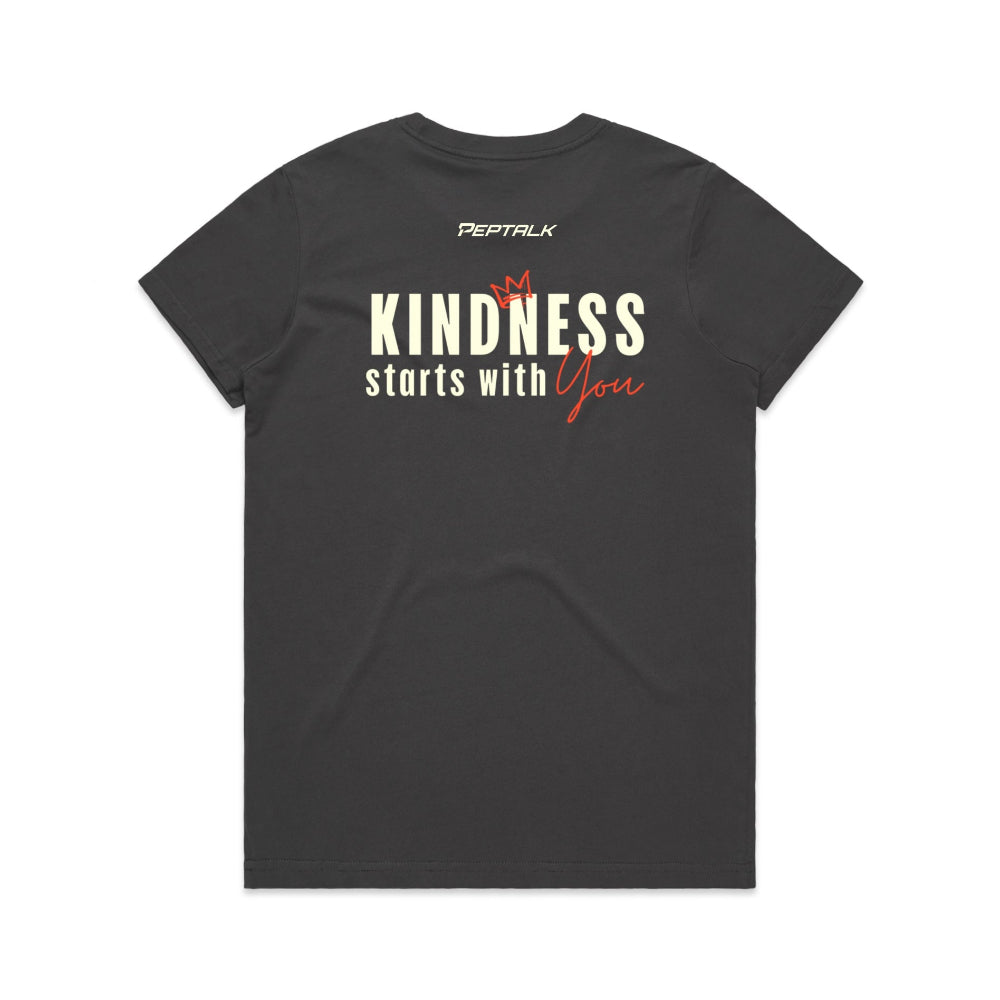 Charcoal women's shirt with Peptalk logo and "Kindness Starts with You" design at the back