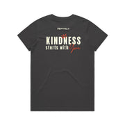 Charcoal women's shirt with Peptalk logo and "Kindness Starts with You" design at the back