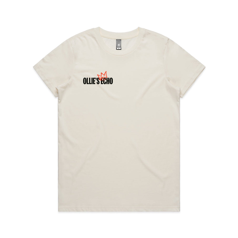 Beige women's shirt with Ollie's Echo logo at the front