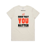 Beige women's shirt with Peptalk logo and "Know That You Matter" design at the back
