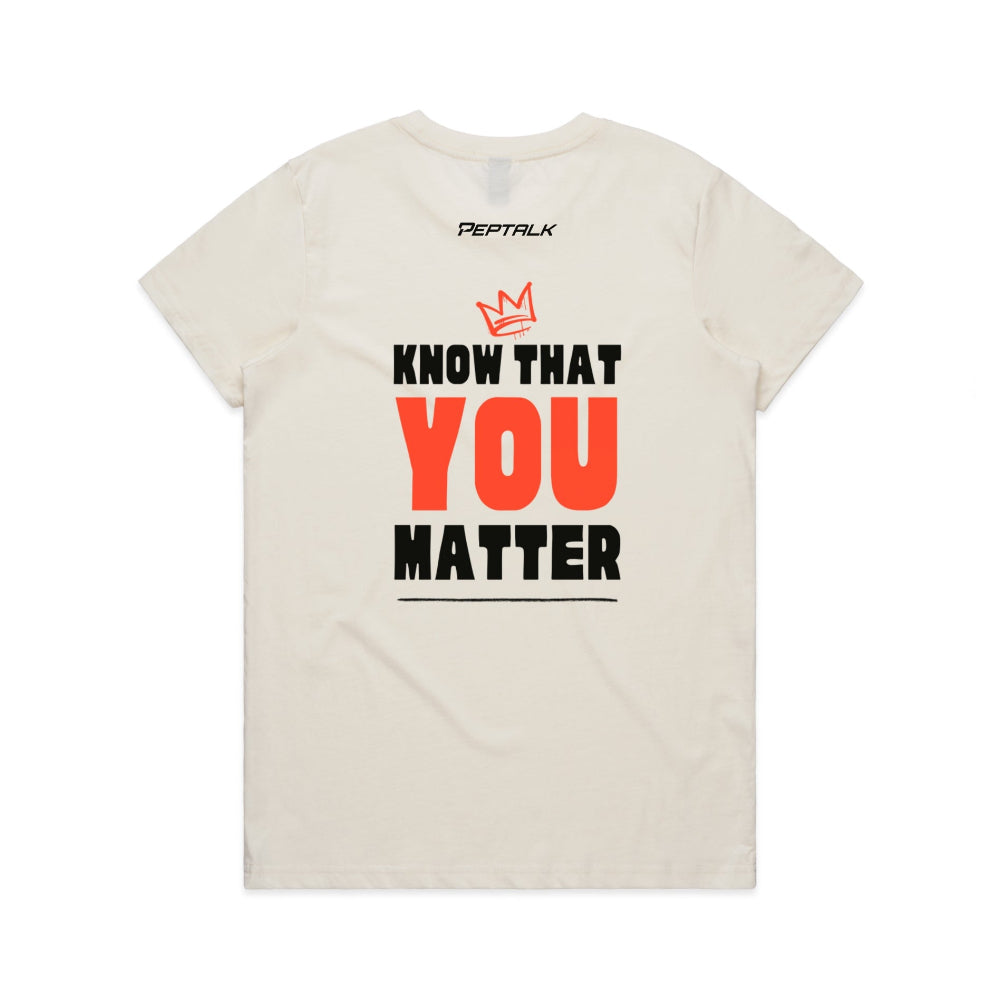 Beige women's shirt with Peptalk logo and "Know That You Matter" design at the back
