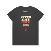 Charcoal women's shirt with Peptalk logo and "Never Lose Hope" design at the back