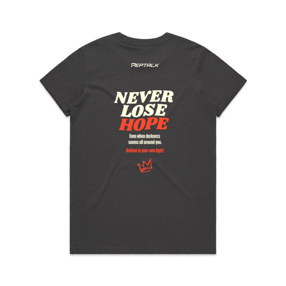 Charcoal women's shirt with Peptalk logo and "Never Lose Hope" design at the back