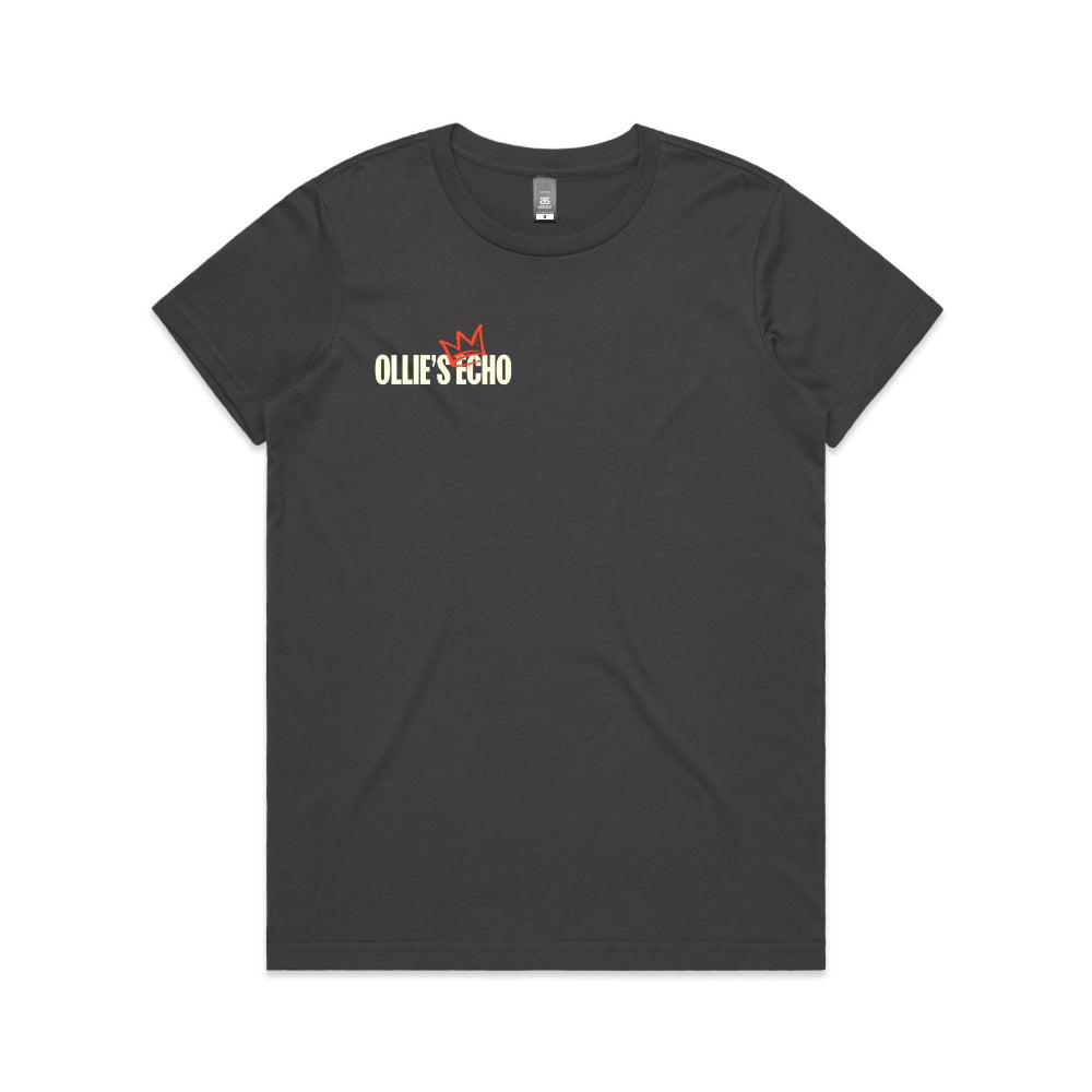 Charcoal women's shirt with Ollie's Echo logo at the front