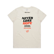 Beige women's shirt with Peptalk logo and "Never Lose Hope" design at the back