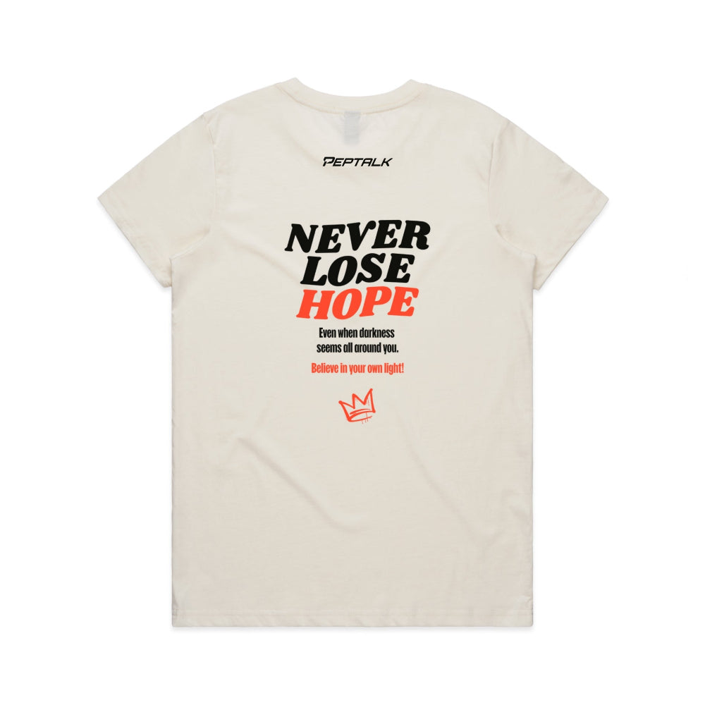 Beige women's shirt with Peptalk logo and "Never Lose Hope" design at the back