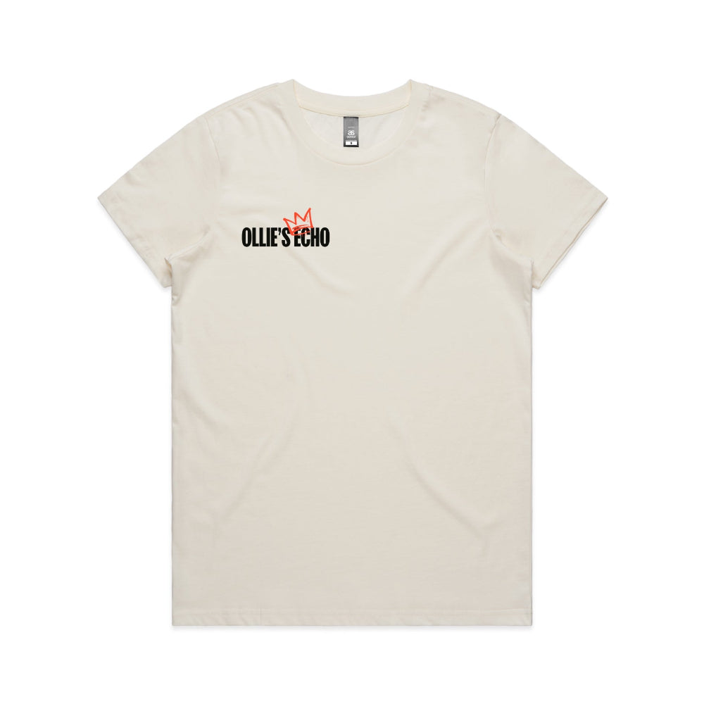 Beige women's shirt with Ollie's Echo logo at the front