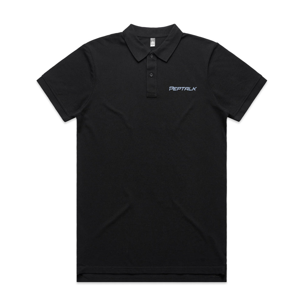 Black men's polo with blue PepTalk logo on white background