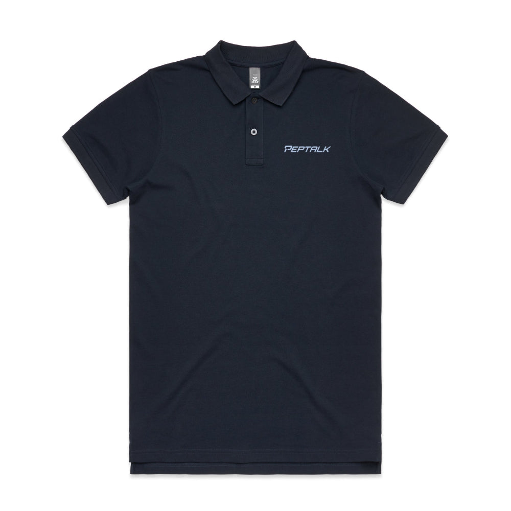 Navy men's polo with blue PepTalk logo on white background