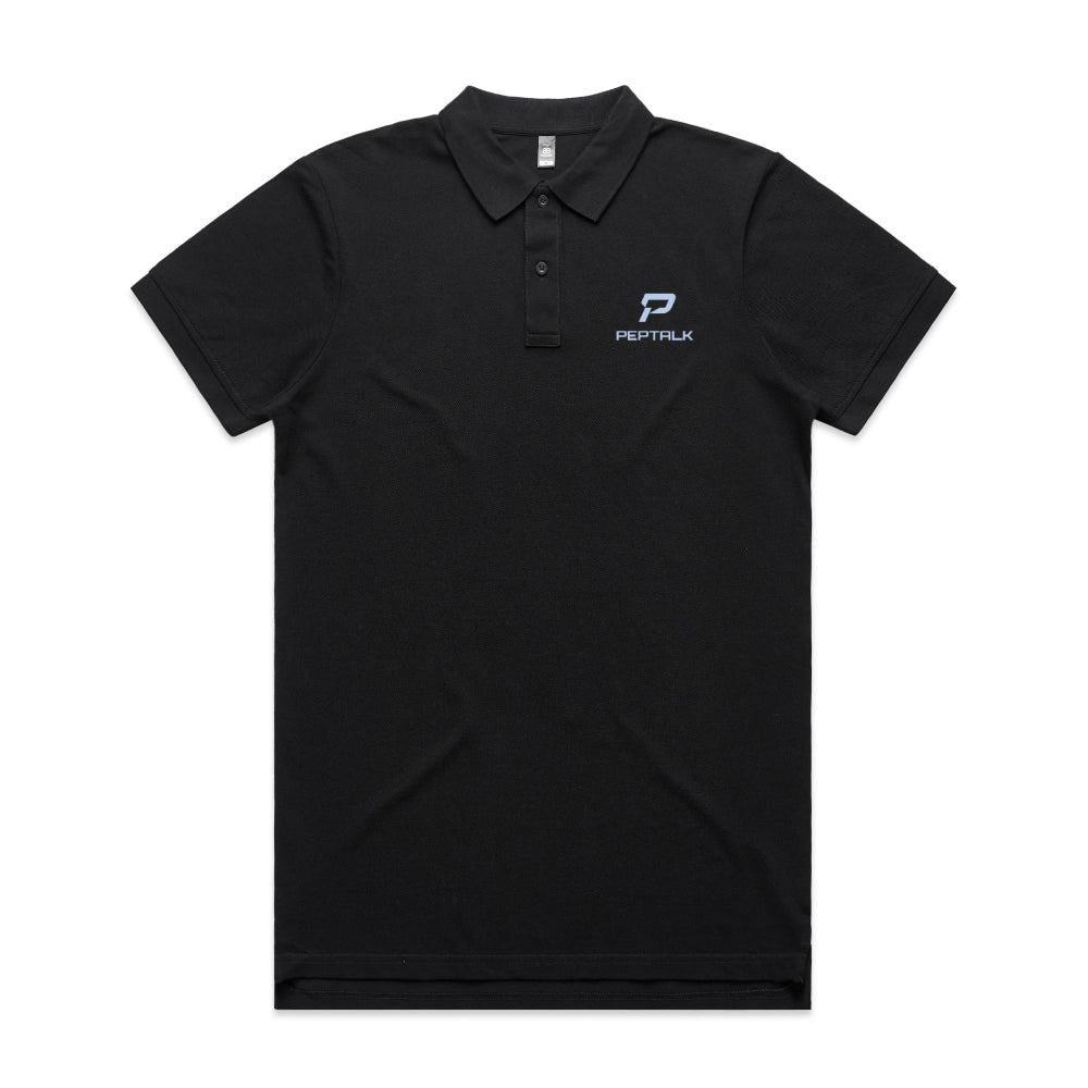 Black men's polo with blue portrait PepTalk logo on white background