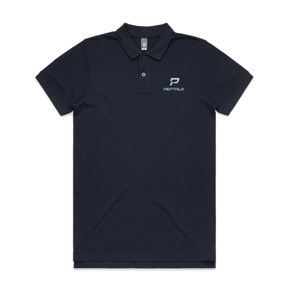 Navy men's polo with blue portrait PepTalk logo on white background