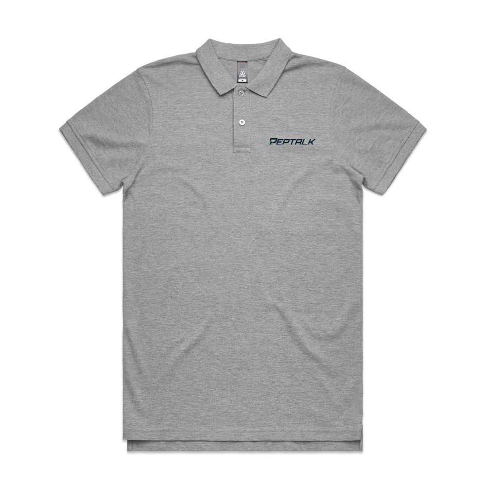 Grey men's polo with navy PepTalk logo on white background