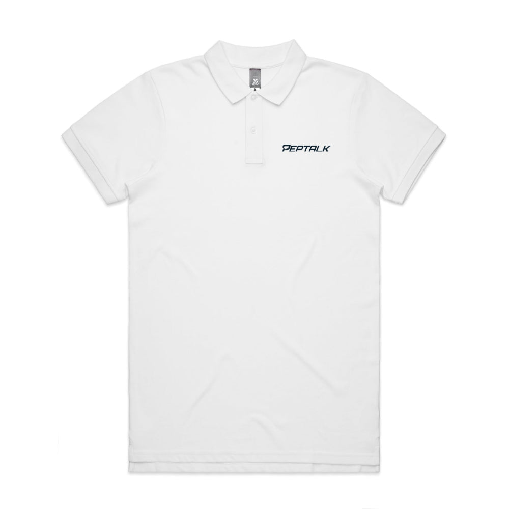 White men's polo with navy PepTalk logo on white background