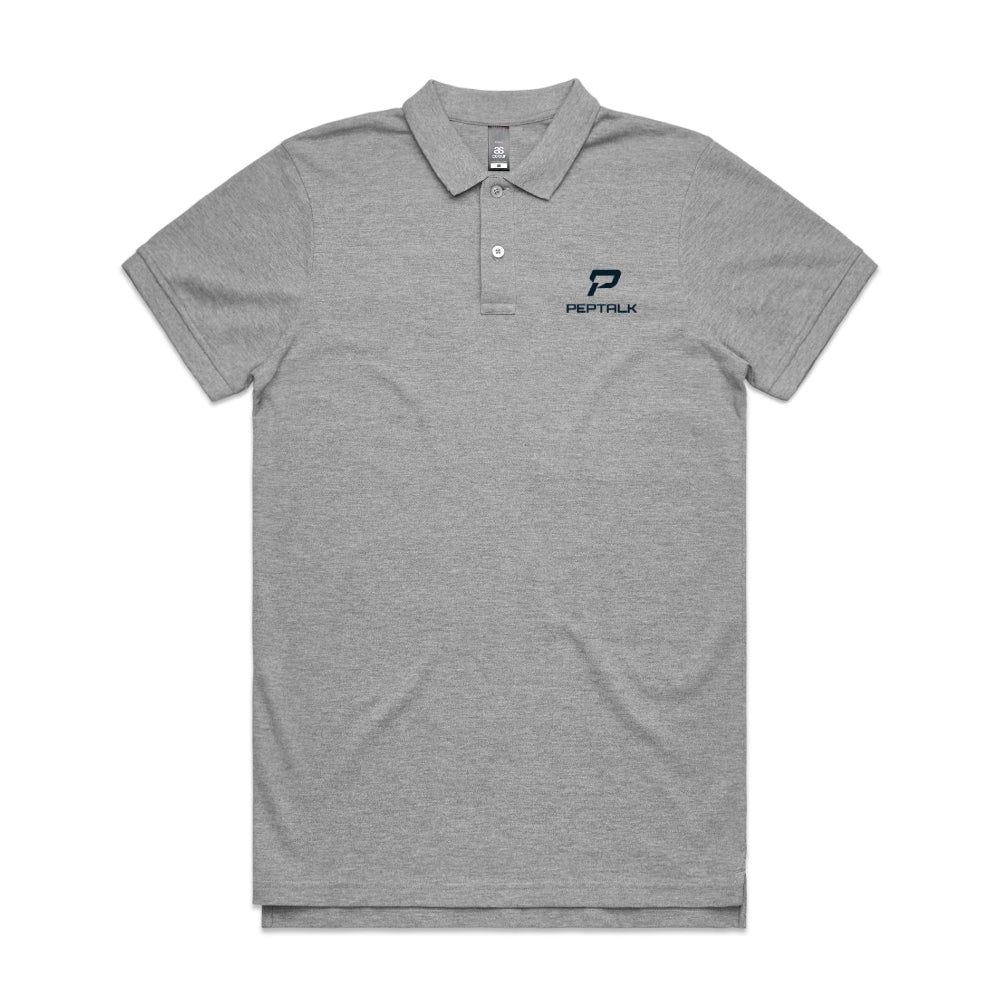 Grey men's polo with navy portrait PepTalk logo on white background