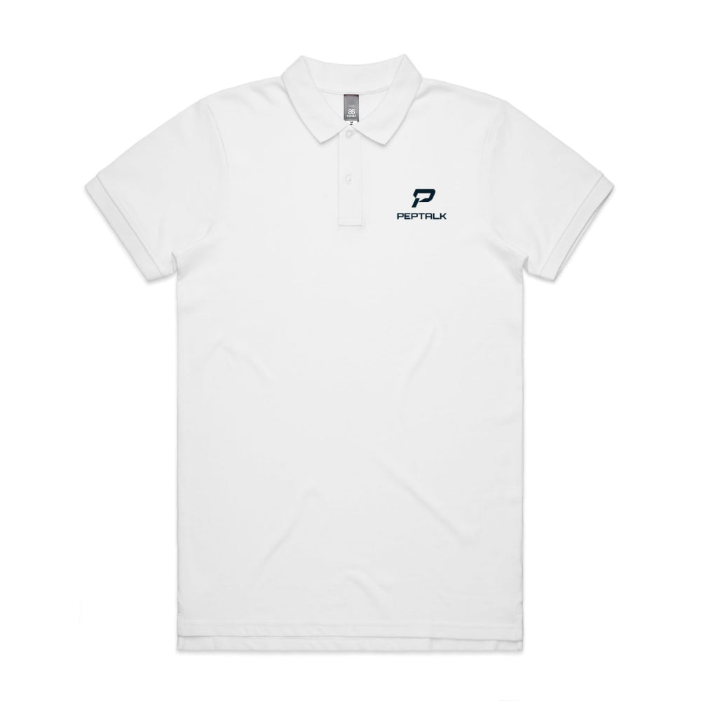 White men's polo with navy portrait PepTalk logo on white background