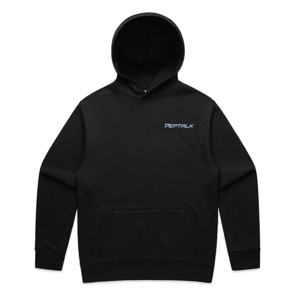 Black men's hoodie with blue PepTalk logo on white background