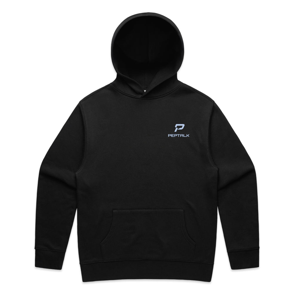 Black men's hoodie with blue portrait PepTalk logo on white background