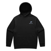 Black men's hoodie with blue portrait PepTalk logo on white background