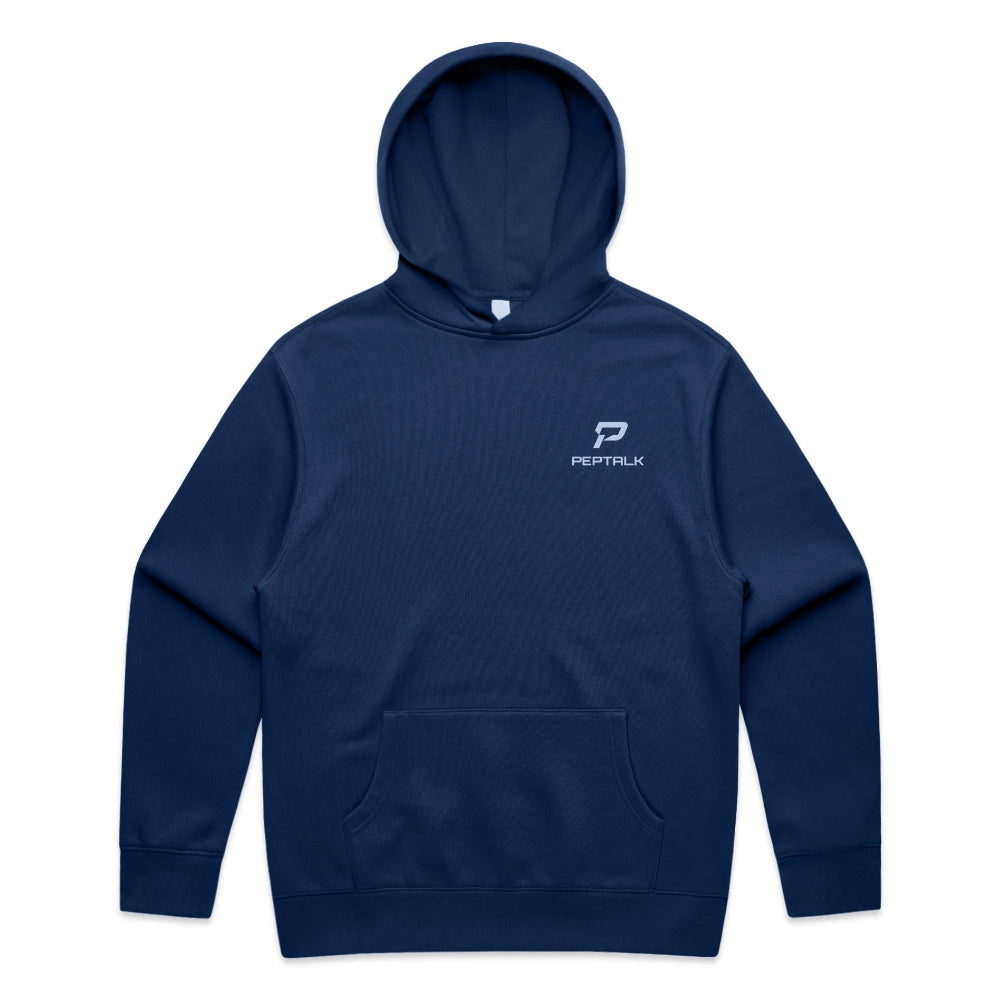 Cobalt colour men's hoodie with blue portrait PepTalk logo on white background
