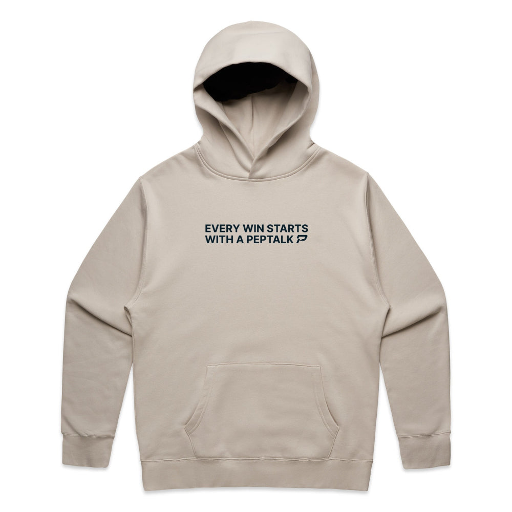 Bone colour men's hoodie with "Every Win Starts With A PepTalk" design on white background
