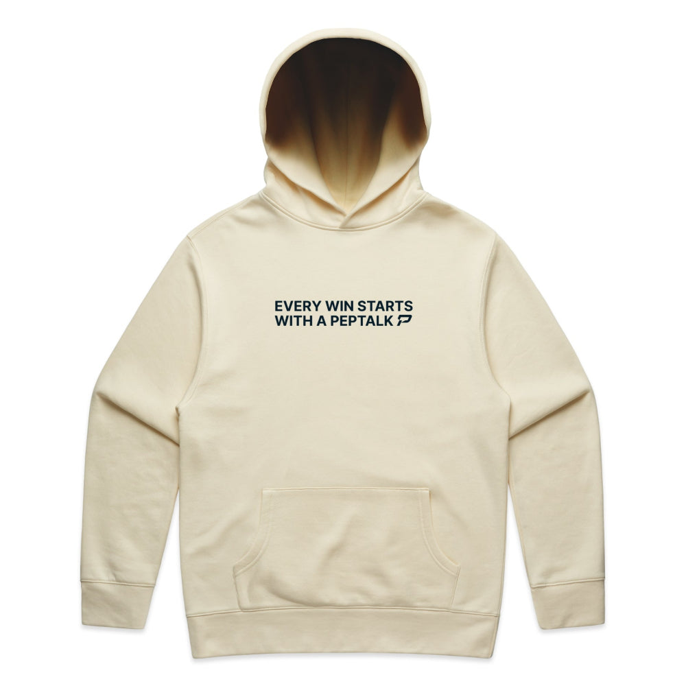 Butter colour men's hoodie with "Every Win Starts With A PepTalk" design on white background
