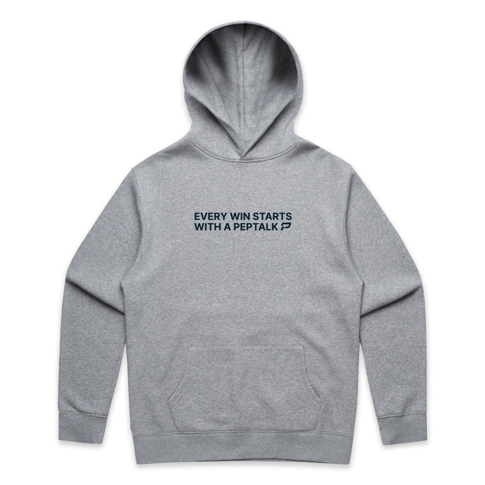 Grey men's hoodie with "Every Win Starts With A PepTalk" design on white background