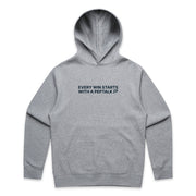 Grey men's hoodie with "Every Win Starts With A PepTalk" design on white background