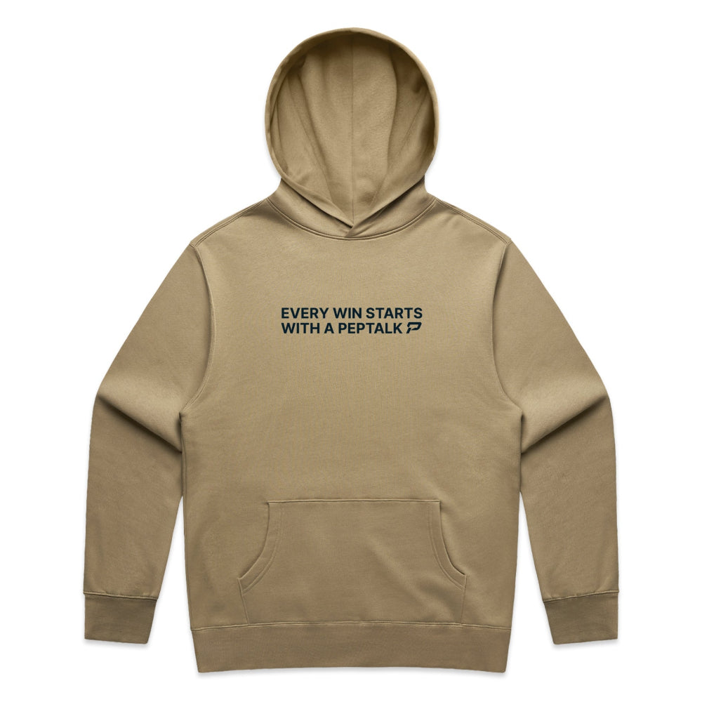 Sand colour men's hoodie with "Every Win Starts With A PepTalk" design on white background