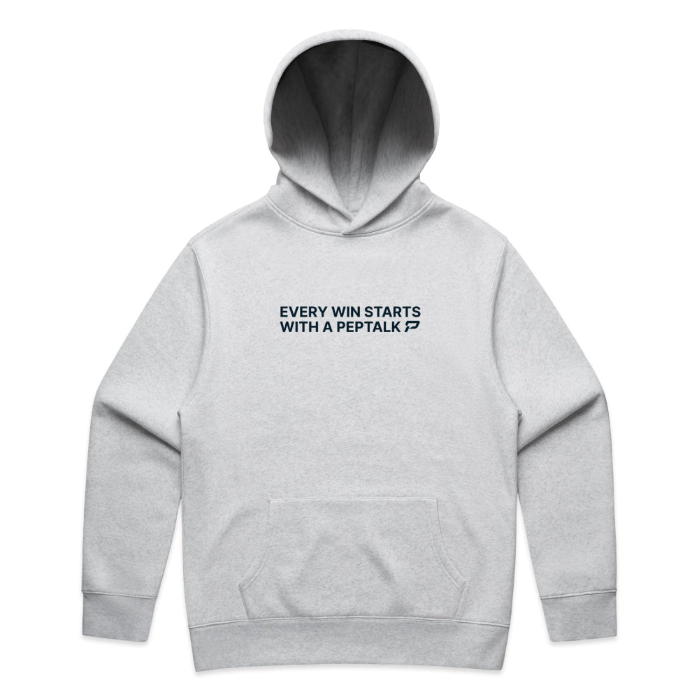 White marle men's hoodie with "Every Win Starts With A PepTalk" design on white background