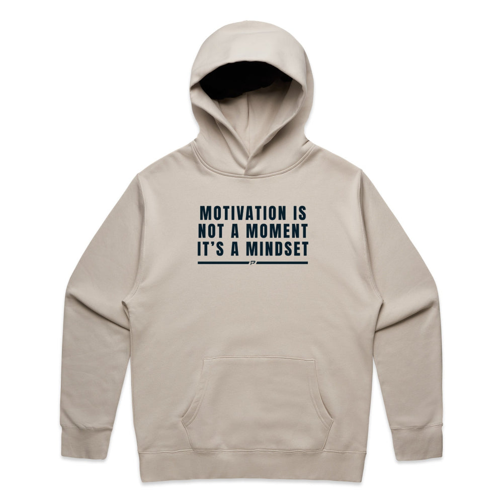 Bone colour men's hoodie with "Motivation Is Not A Moment It's A Mindset" design on white background