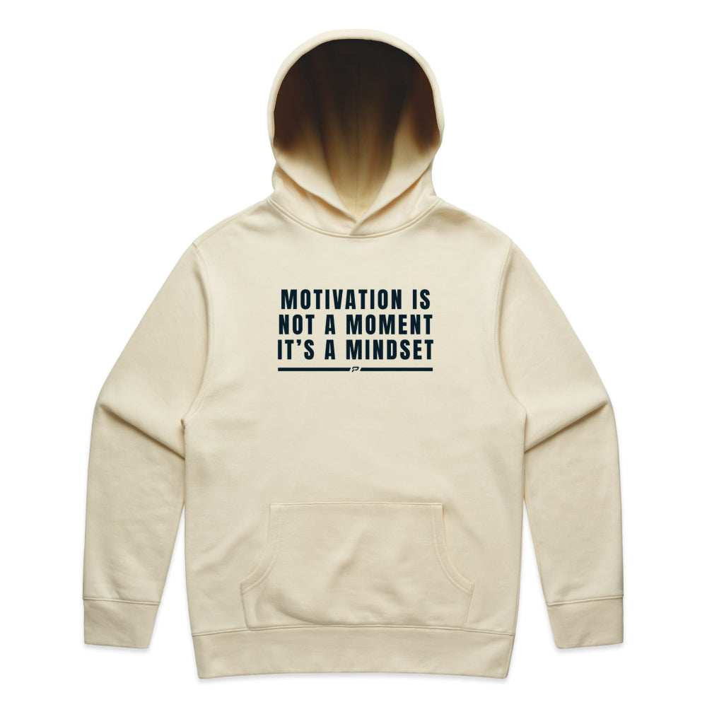 Butter colour men's hoodie with "Motivation Is Not A Moment It's A Mindset" design on white background