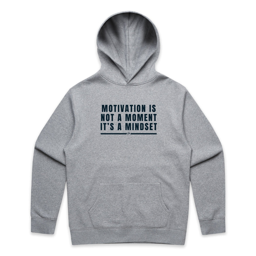 Grey men's hoodie with "Motivation Is Not A Moment It's A Mindset" design on white background