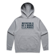 Grey men's hoodie with "Motivation Is Not A Moment It's A Mindset" design on white background