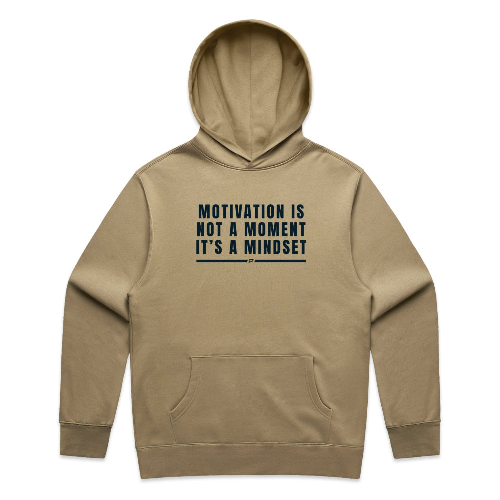 Sand colour men's hoodie with "Motivation Is Not A Moment It's A Mindset" design on white background