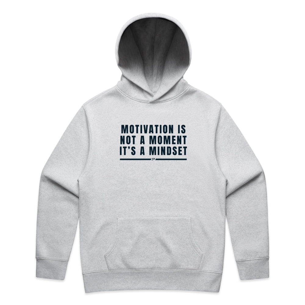 White marle men's hoodie with "Motivation Is Not A Moment It's A Mindset" design on white background