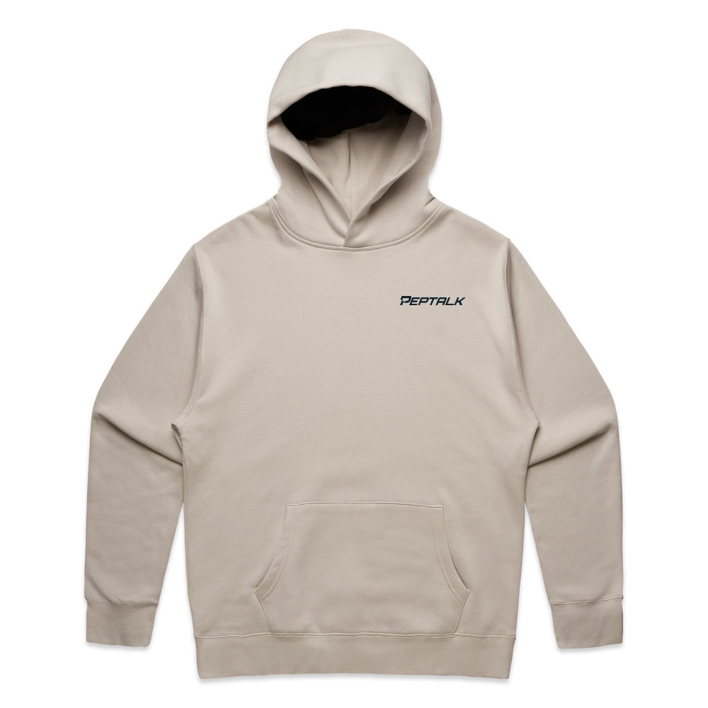 Bone colour men's hoodie with navy PepTalk logo on white background