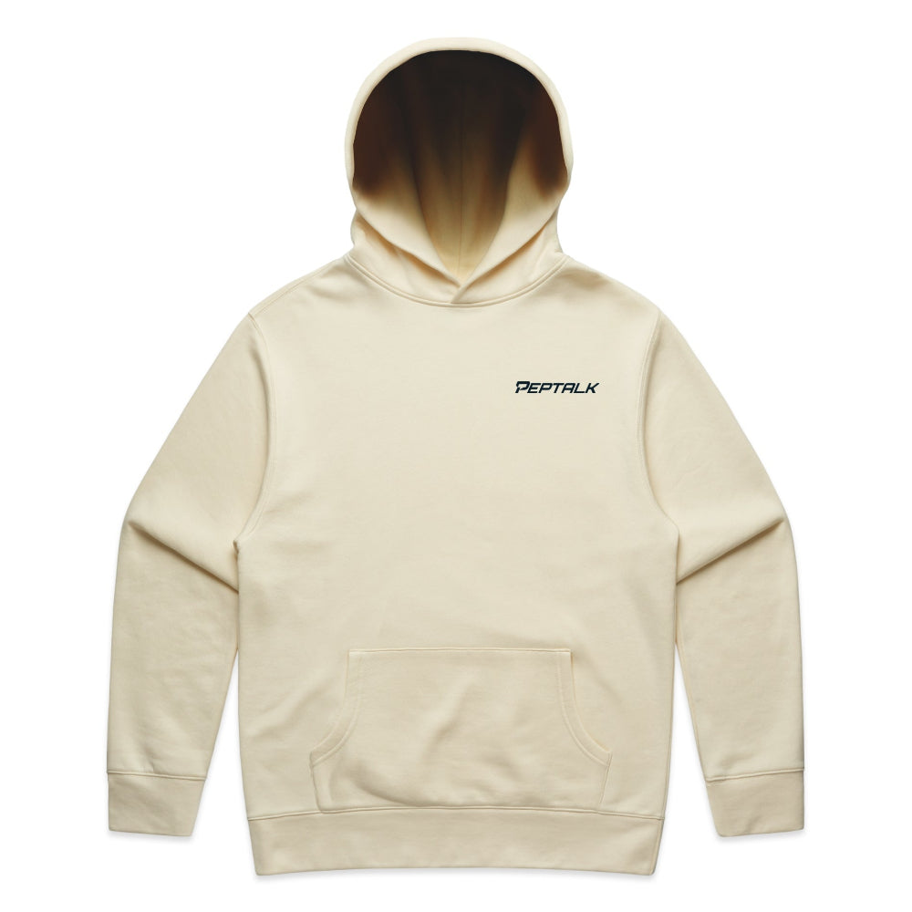 Butter colour men's hoodie with navy PepTalk logo on white background
