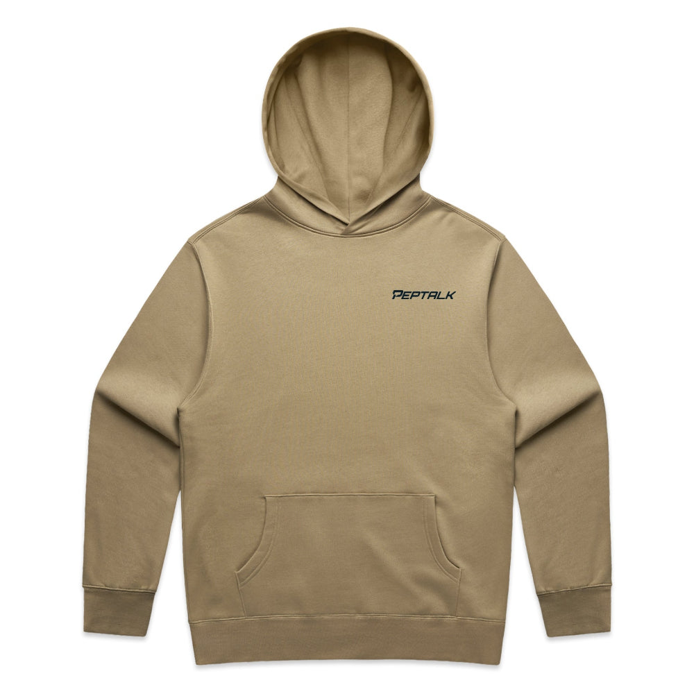 Sand colour men's hoodie with navy PepTalk logo on white background