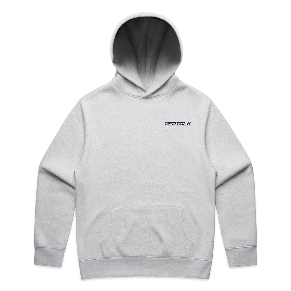 White marle men's hoodie with navy PepTalk logo on white background