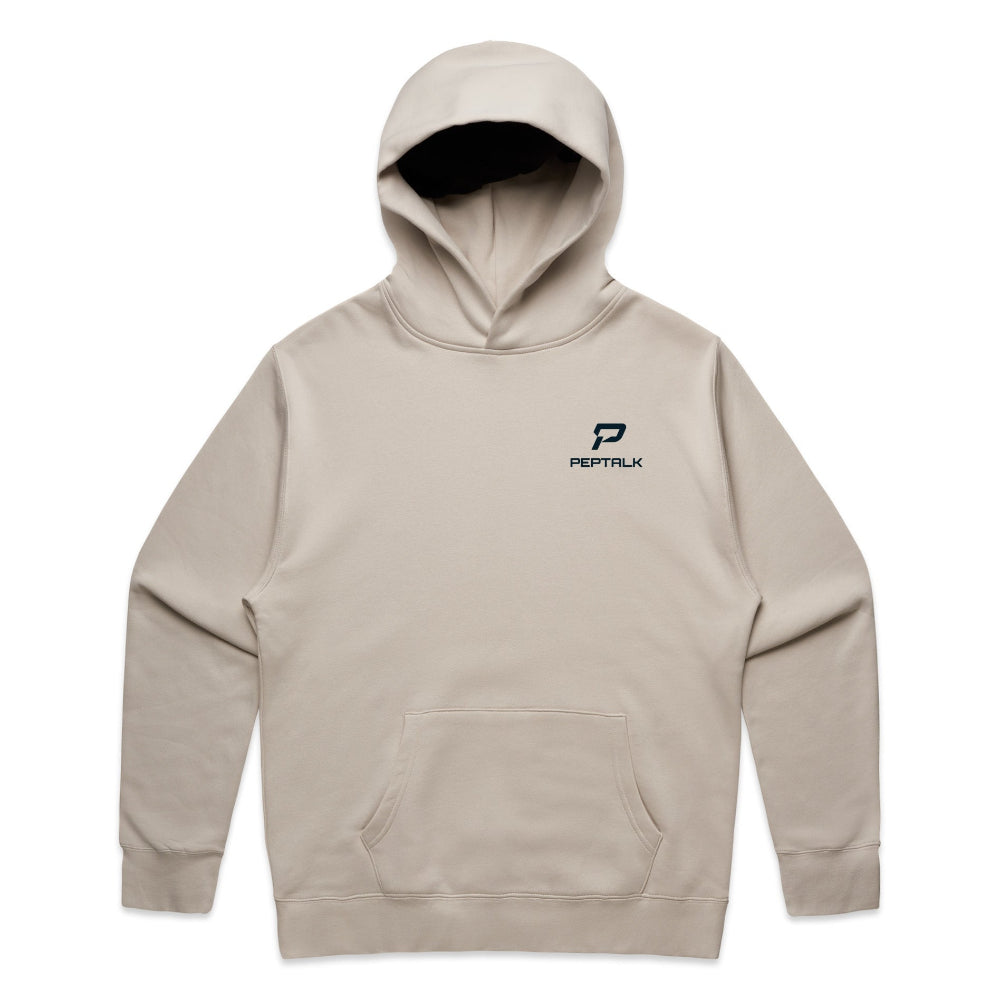 Bone colour men's hoodie with navy portrait PepTalk logo on white background