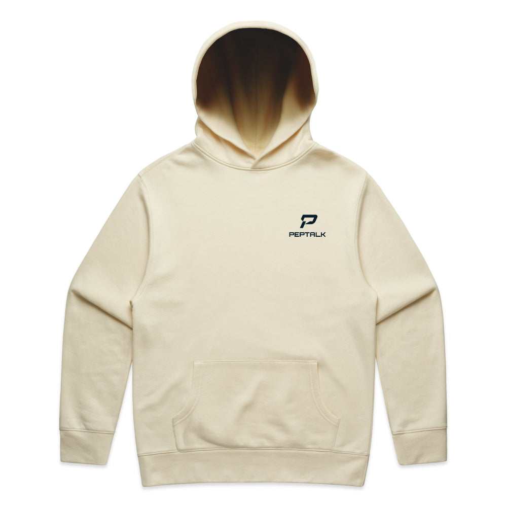 Butter colour men's hoodie with navy portrait PepTalk logo on white background