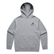 Grey men's hoodie with navy portrait PepTalk logo on white background
