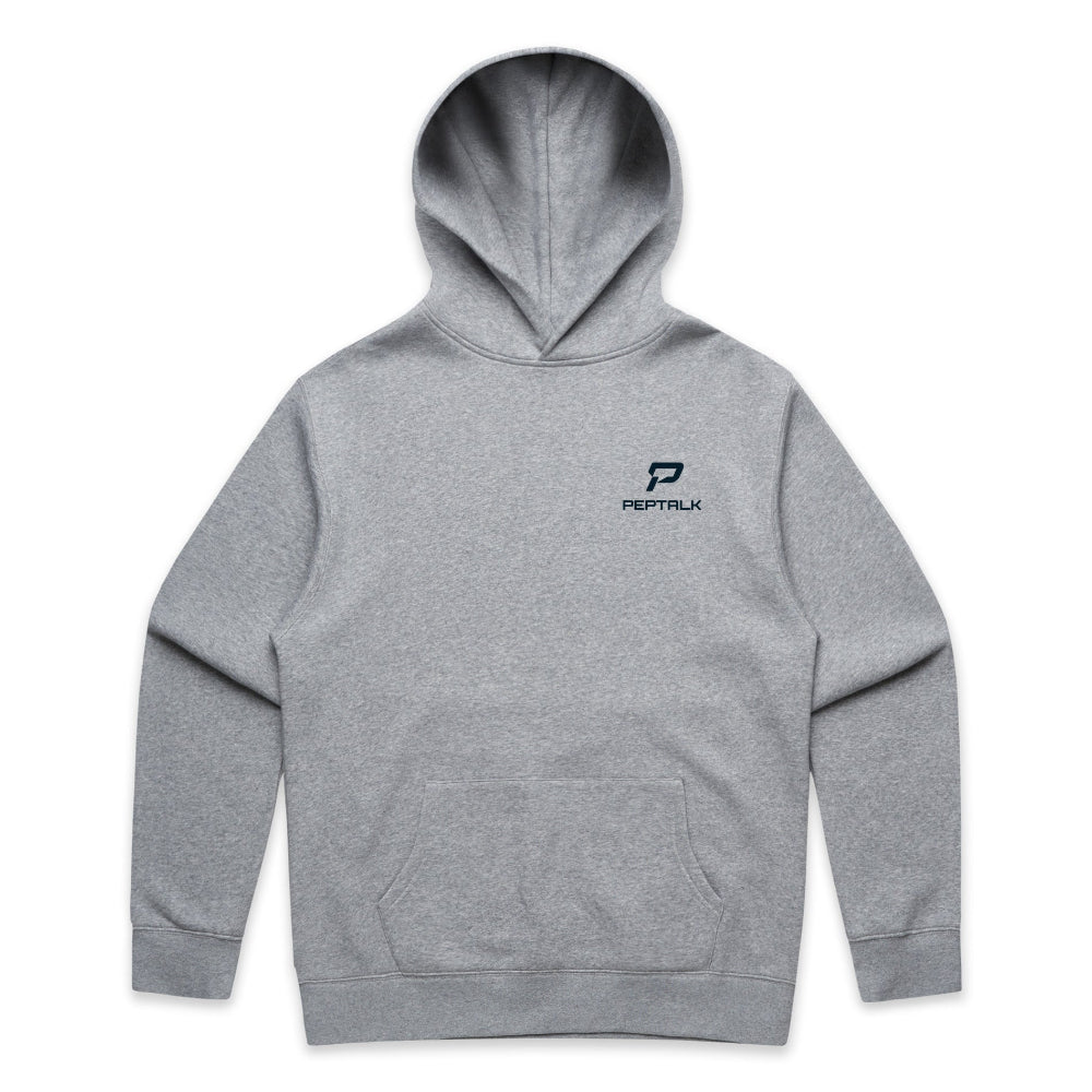 Grey men's hoodie with navy portrait PepTalk logo on white background