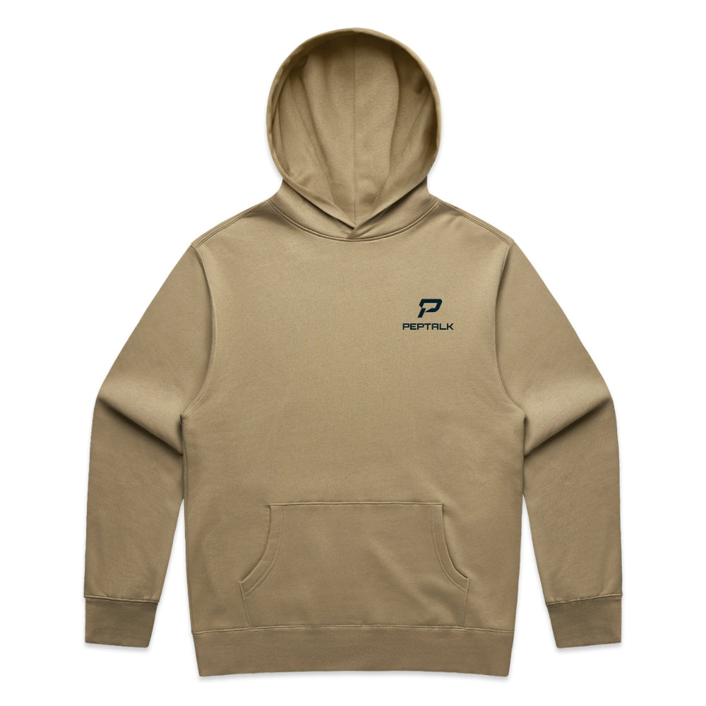 Sand colour men's hoodie with navy portrait PepTalk logo on white background