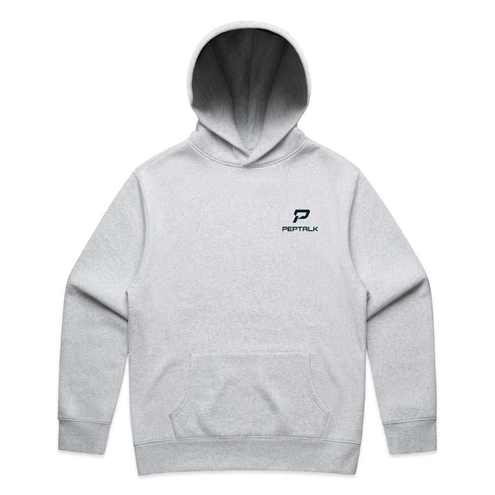 White marle colour men's hoodie with navy portrait PepTalk logo on white background