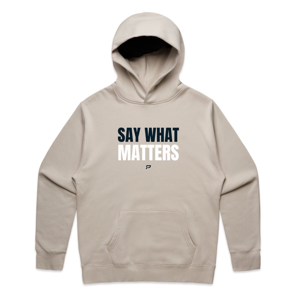 Bone colour men's hoodie with "Say What Matters" design on white background