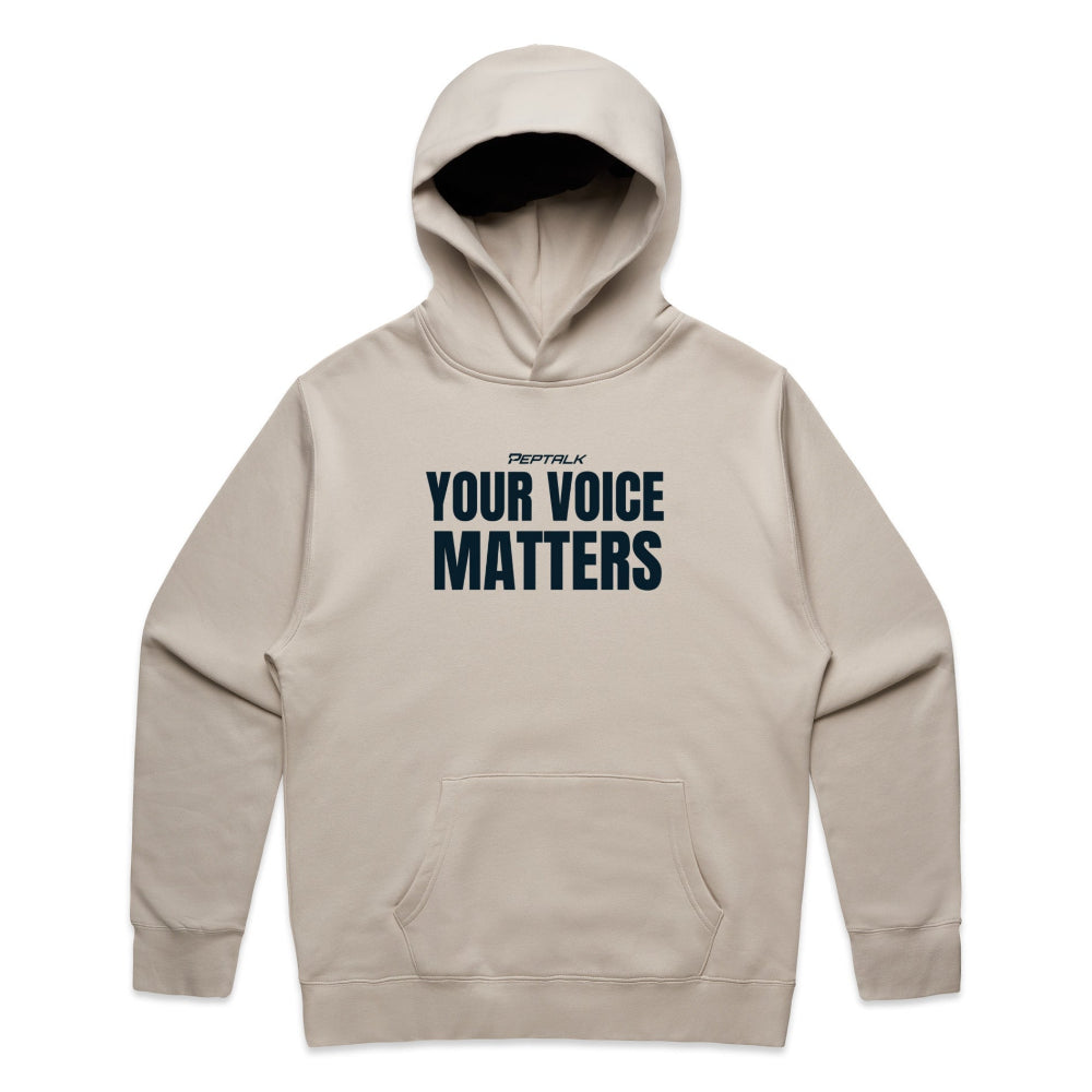 Bone colour men's hoodie with "Your Voice Matters" design on white background