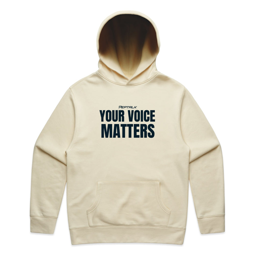 Butter colour men's hoodie with "Your Voice Matters" design on white background