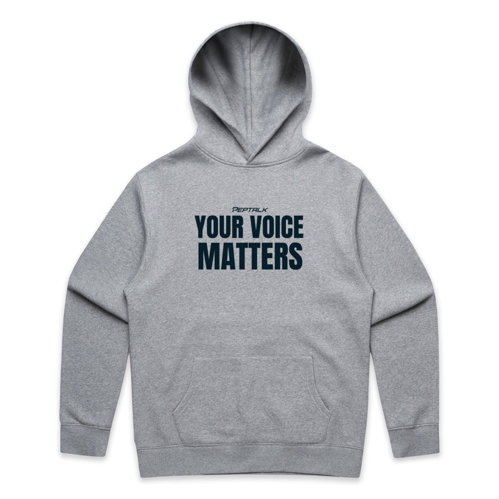 Grey men's hoodie with "Your Voice Matters" design on white background